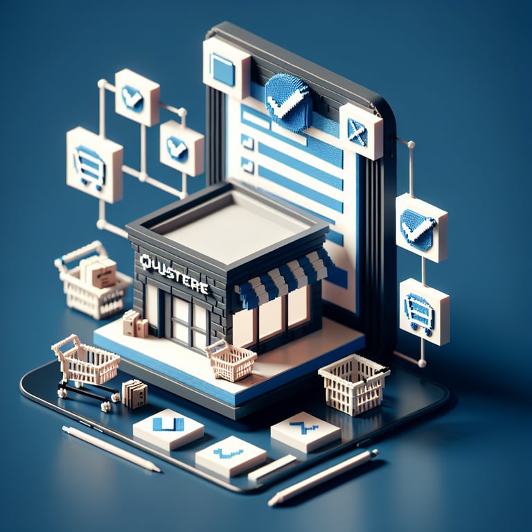 3D voxel art depicting online surveys concept with a dark blue background, suitable for retail store surveys.