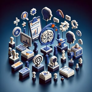 3D voxel art depicting online psychology surveys on a dark blue background.