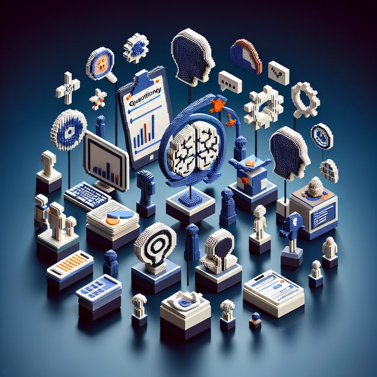 3D voxel art depicting online psychology surveys on a dark blue background.