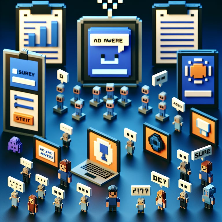 3D voxel art representing online ad awareness surveys with dark blue background.