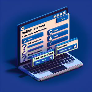 3D voxel art depicting online gender roles surveys on a dark blue background.