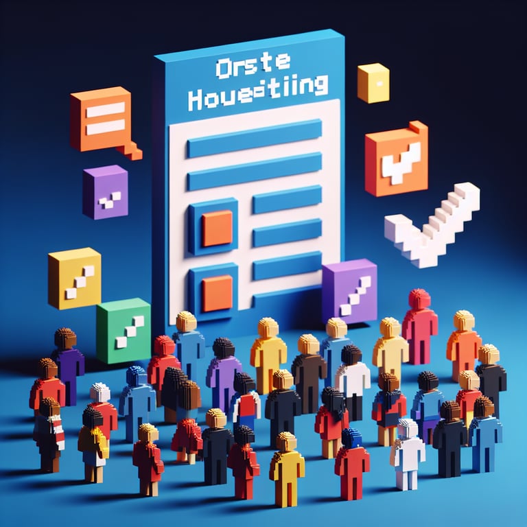3D voxel art depicting online surveys concept, set against a dark blue background.