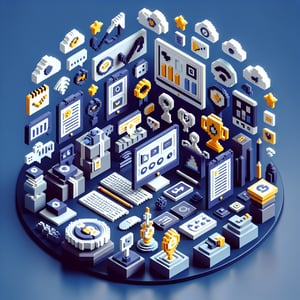 3D voxel art depicting online survey concept on a dark blue background for employee recognition.