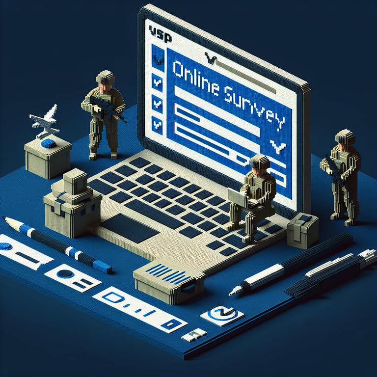 3D voxel art depicting an online survey concept, specifically focusing on veteran status, with a dark blue background.