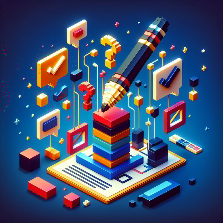 3D voxel art depicting online surveys, set against a dark blue background, representing CE 8351 surveying important questions.
