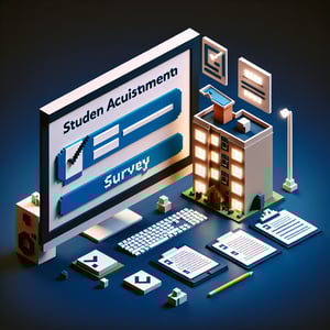 3D voxel art representing online student accommodation surveys on a dark blue background.