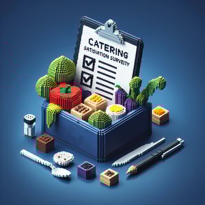 3D voxel art depicting online catering satisfaction survey concept on a dark blue background.