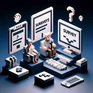 3D voxel art depicting the concept of online surveys tailored for senior citizens, on a dark blue background.
