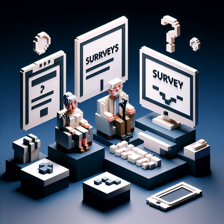 Artistic 3D voxel art showcasing an intuitive senior citizen survey interface