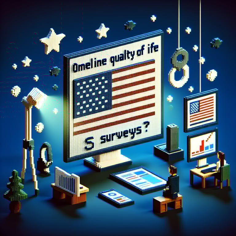 3D voxel art depicting online surveys symbolizing American quality of life studies on a dark blue background.