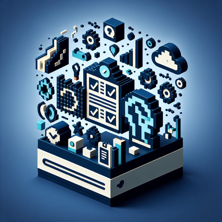 3D voxel art depicting the concept of online psychology surveys on a dark blue background.