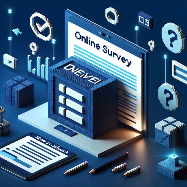 3D voxel art depicting online surveys, ideal for a landing page about new product launch surveys.