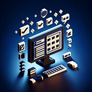 3D voxel art depicting online surveys, suitable for pre-event survey examples, on a dark blue background.