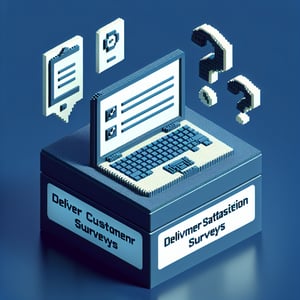 3D voxel art illustrating the concept of online delivery customer satisfaction surveys on a dark blue background.