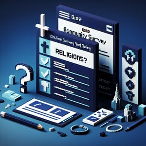 3D voxel art depicting online survey concept with dark blue background, related to religious queries.