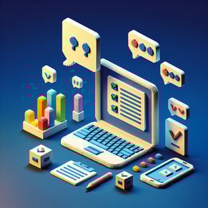 3D voxel art depicting the concept of online instructor feedback surveys on a dark blue background.