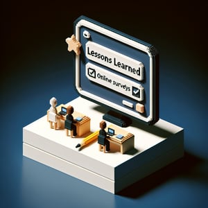 3D voxel art depicting online surveys, dark blue background, symbolizing lessons learned survey questions.