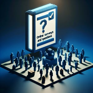 3D voxel art depicting online surveys, symbolizing website usability survey questions on a dark blue background.