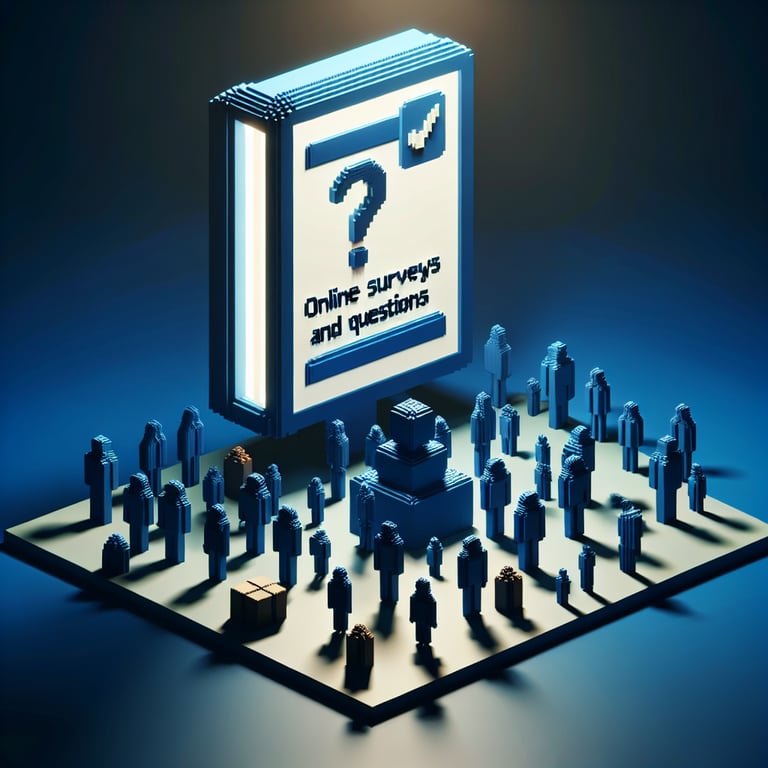 3D voxel art depicting online surveys, symbolizing website usability survey questions on a dark blue background.