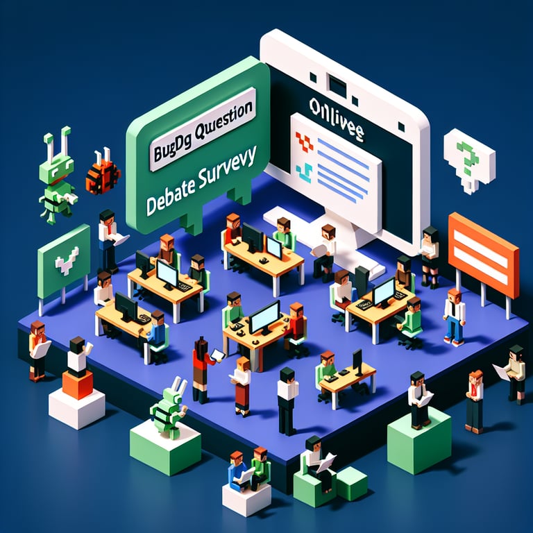 Artistic 3D voxel depicting survey question engagement and bug debate