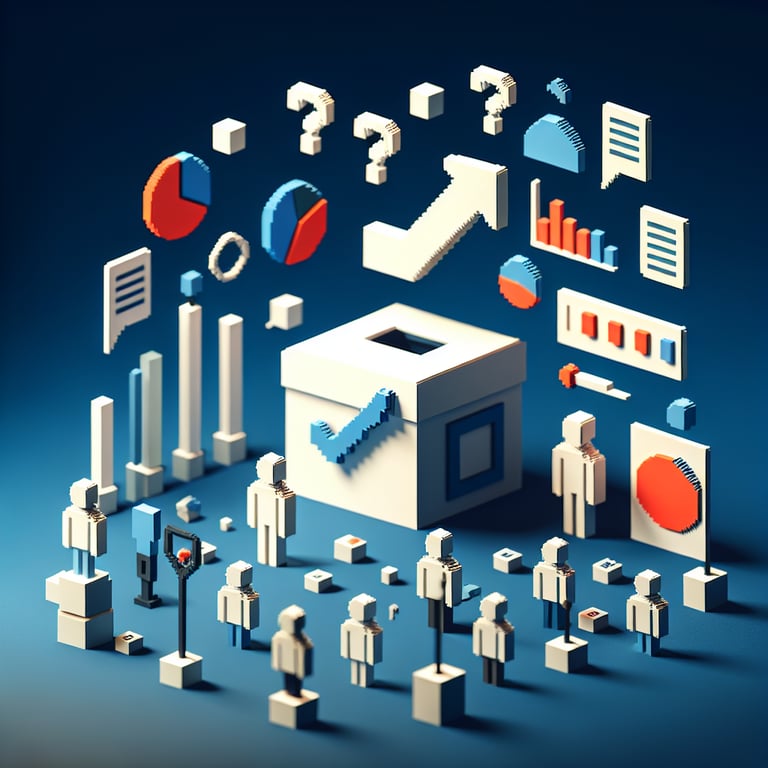 3D voxel art depicting the concept of online surveys, set against a dark blue background.
