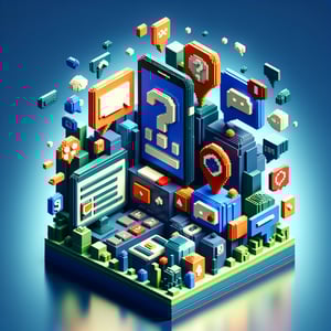 3D voxel art depicting online surveys on a dark blue background, symbolizing texting survey questions.