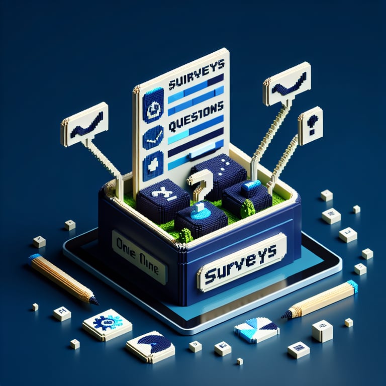 3D voxel art illustrating the concept of online DEI (Diversity, Equity, and Inclusion) surveys on a dark blue background.