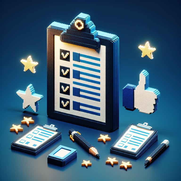 3D voxel art depicting the concept of online business partner satisfaction surveys on a dark blue background.