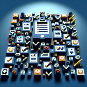 3D voxel art depicting an online university student survey on a dark blue background.