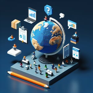 3D voxel art of online travel surveys, with engaging elements on a dark blue background.