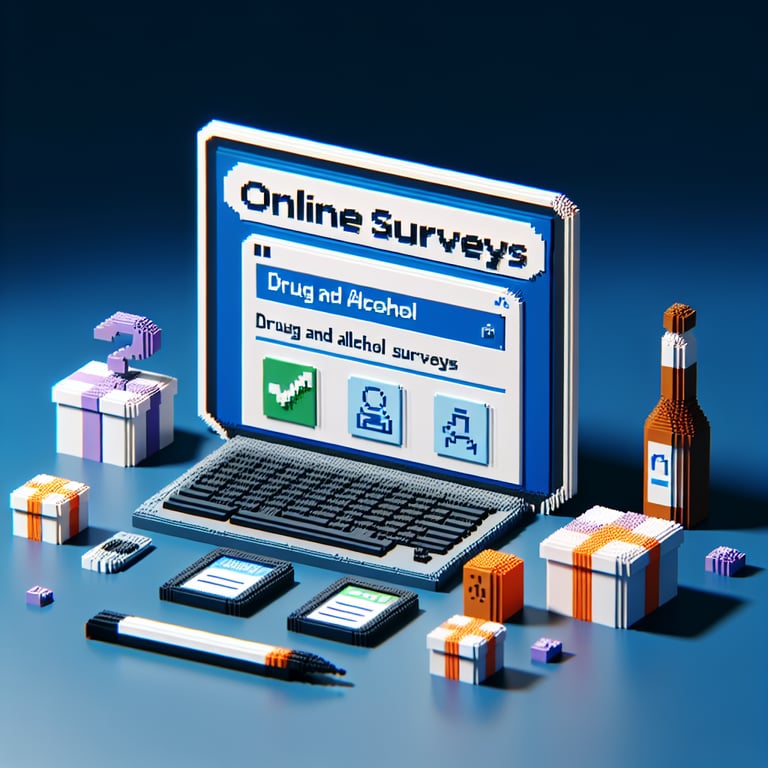 3D voxel art depicting online surveys themed around American drug and alcohol use on a dark blue background.