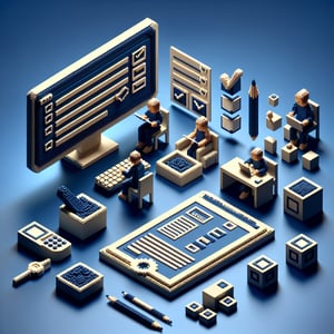 3D voxel art depicting the concept of online patient surveys, set against a dark blue background.