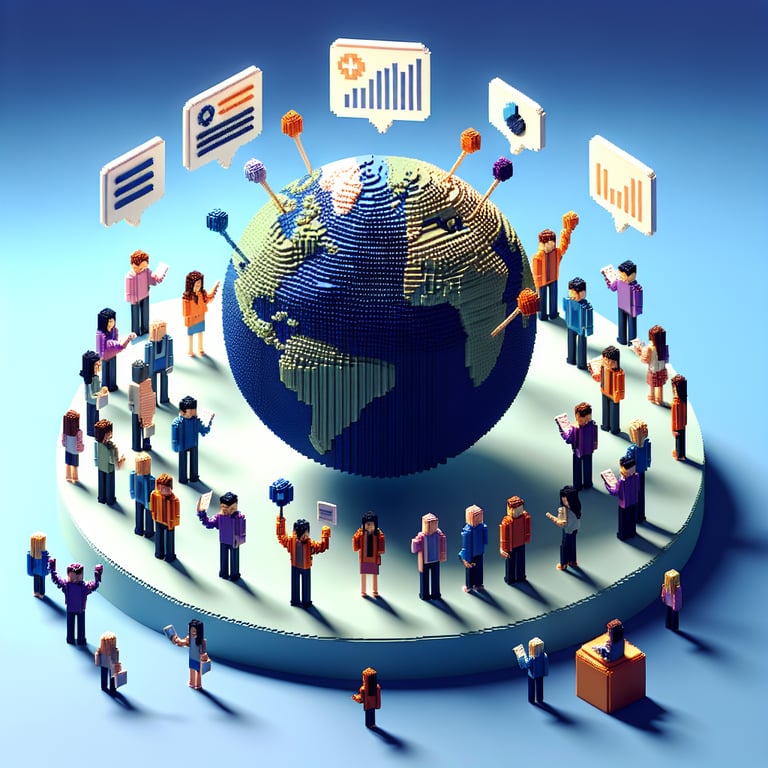 3D voxel art illustrating the concept of online peer to peer surveys on a dark blue background.