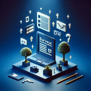 3D voxel art depicting online survey concept on a dark blue background, post-workshop.
