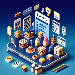 3D voxel art depicting online bakery surveys with a dark blue background.