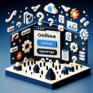 3D voxel art depicting online surveys, symbolizing agile methodology survey questions on a dark blue background.