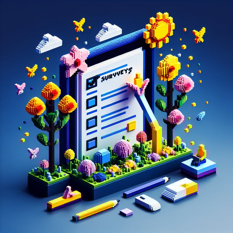 3D voxel art depicting online spring surveys on a dark blue background.