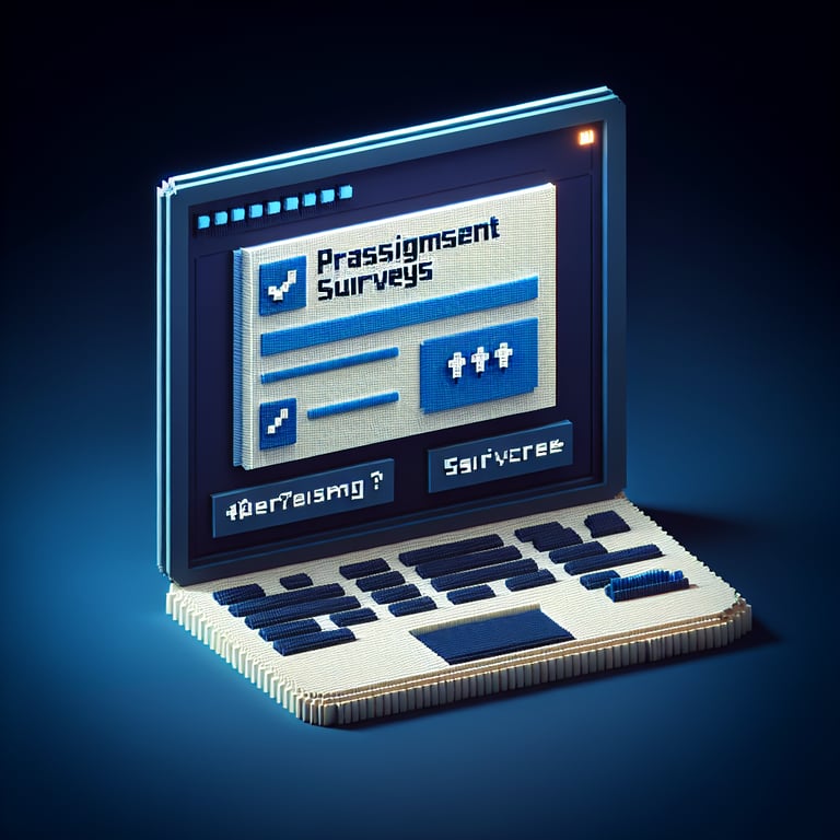 3D voxel art depicting online surveys with a dark blue background, symbolizing preassignment survey questions.