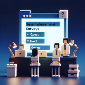 3D voxel art depicting online sexual harassment survey concept on a dark blue background.