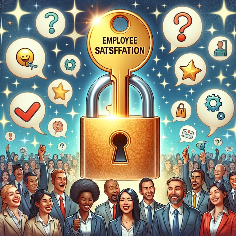 Illustration depicting key questions for a Reward and Recognition survey to unlock employee satisfaction.