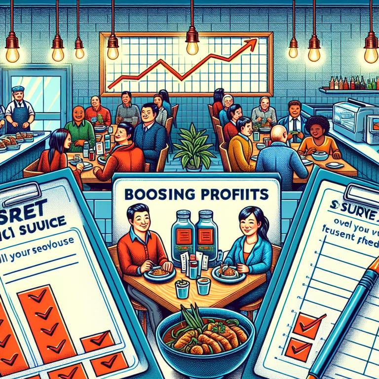 Illustration showing the impact of Restaurant/Customer Satisfaction survey questions on profit boost.