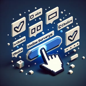 3D voxel art depicting online feedback surveys with a dark blue background.