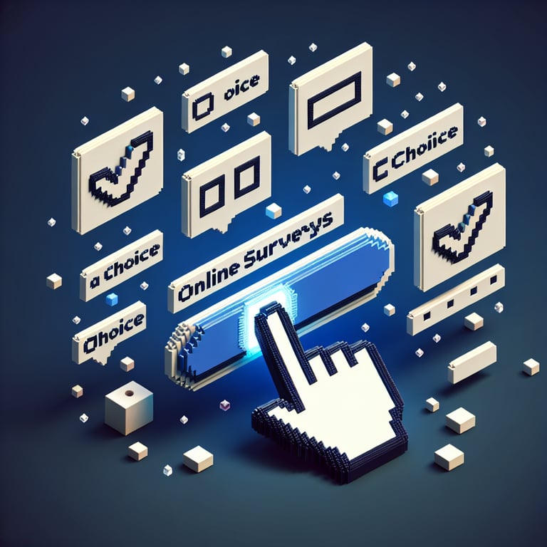 3D voxel art depicting online feedback surveys with a dark blue background.