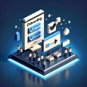 3D voxel art depicting the concept of online onboarding process surveys on a dark blue background.