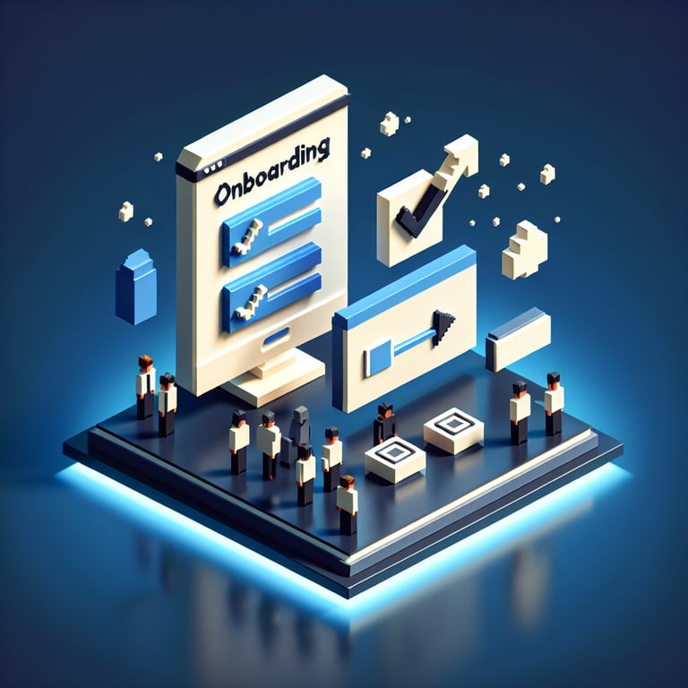 3D voxel art depicting the concept of online onboarding process surveys on a dark blue background.