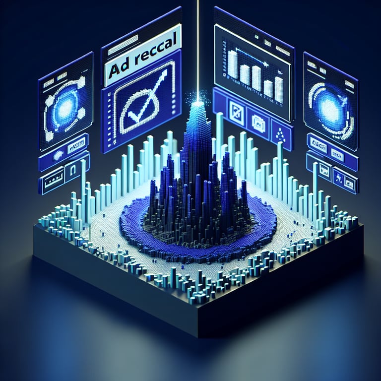3D voxel art depicting online ad recall surveys on a dark blue background.