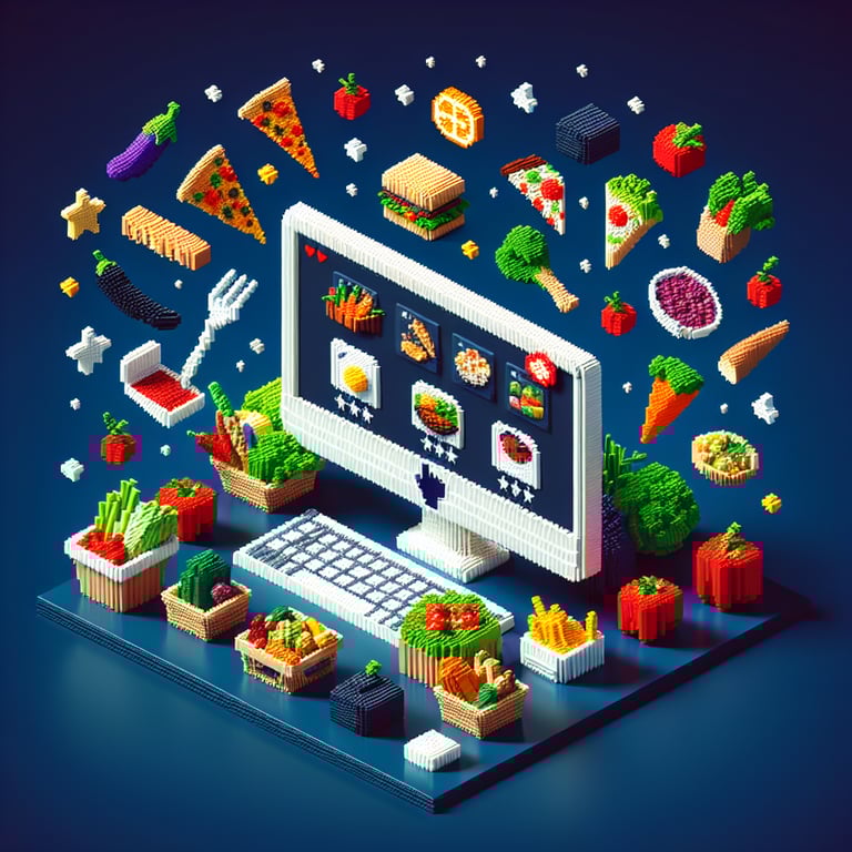 3D voxel art depicting online food surveys with a dark blue background.