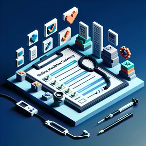 3D voxel art depicting online healthcare compliance survey process on a dark blue background.