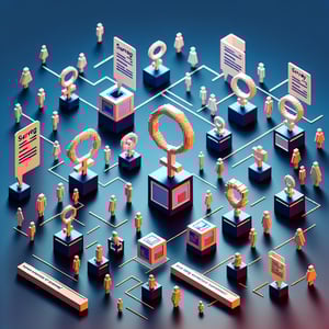 3D voxel art depicting an online gender survey, featuring engaging elements on a dark blue background.