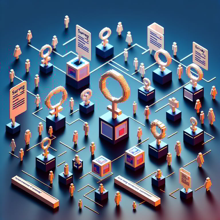3D voxel art depicting an online gender survey, featuring engaging elements on a dark blue background.